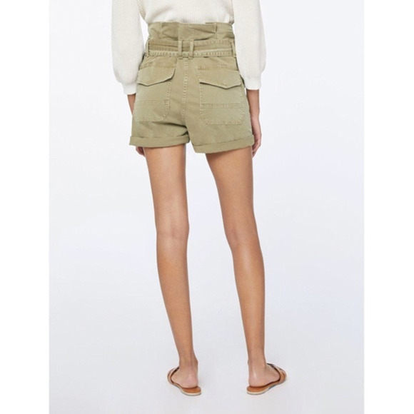 FRAME Safari Belted High Rise Paperbag Cuffed Hem Shorts Washed Od Green 26 - Picture 2 of 11